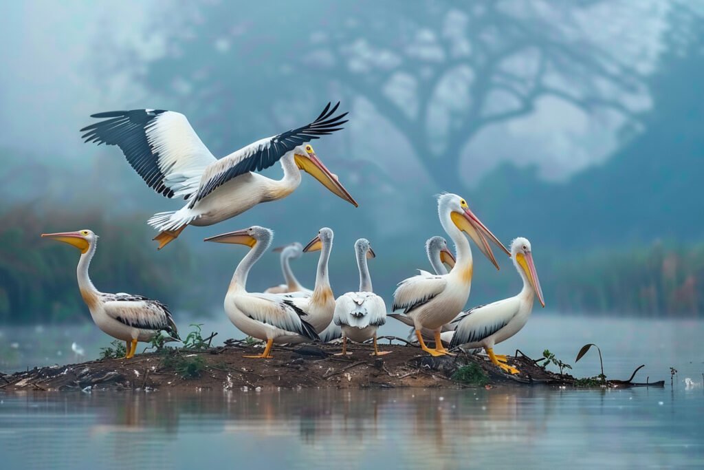 Pelicans at Bharatpur in a natural setting Vast natural landscape showcasing immersive wildlife and birding travel experience in India