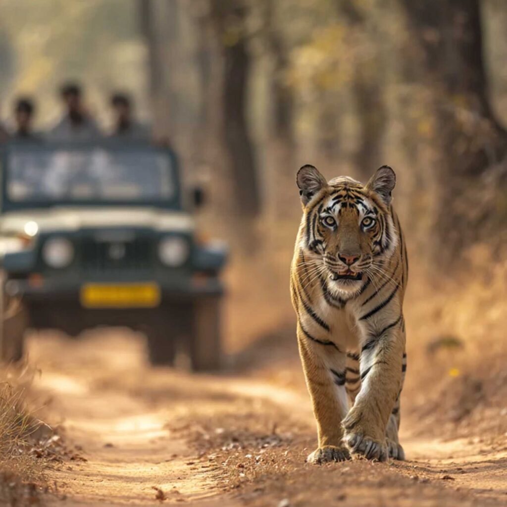A tiger on the prowl in front of a wildlife safari jeep in the jungles of Bandhavgarh 