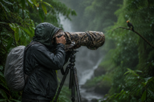 A wildlife photographer wearing full rainproof gear photographs a bird in a lush Indian monsoon jungle using a long telephoto lens covered with a camouflage rain cover. The camera bag is protected with a waterproof cover while heavy rain falls around the dense green forest.