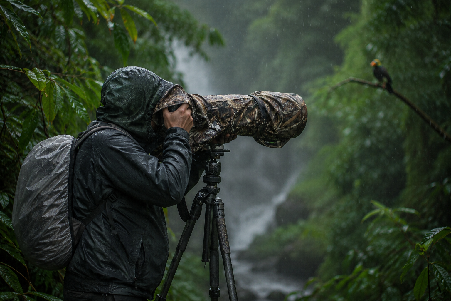 A wildlife photographer wearing full rainproof gear photographs a bird in a lush Indian monsoon jungle using a long telephoto lens covered with a camouflage rain cover. The camera bag is protected with a waterproof cover while heavy rain falls around the dense green forest.