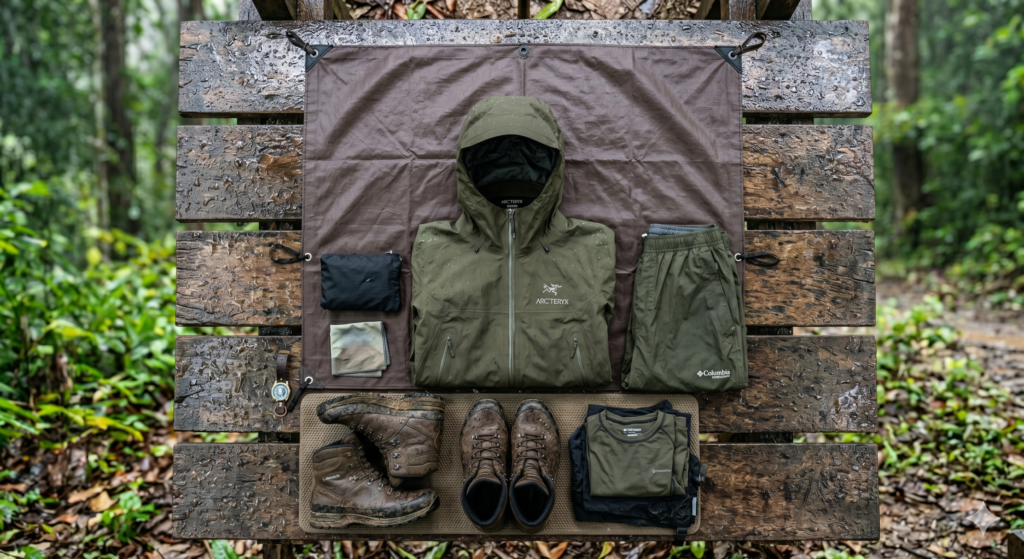 A flat lay of essential monsoon birding clothing gear, including an olive green waterproof Arc'teryx jacket, matching rain pants, a quick-dry base layer, and muddy, rugged waterproof hiking boots, neatly arranged on a brown tarp over a wet wooden deck in a rainy forest.