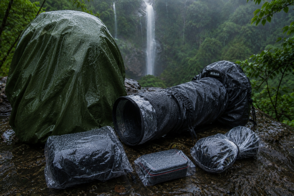 Fully protected photography gear during the monsoon, including a telephoto lens with waterproof rain cover, covered camera backpack, and sealed accessories placed on wet rocks near a misty forest waterfall in heavy rain.